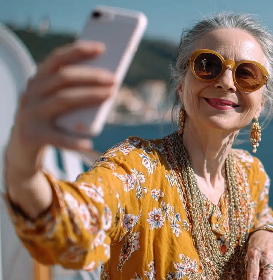 An older woman wearing sunglasses and floral clothing smiles while taking a selfie outdoors, with sunlight and a blurred background suggesting she is near water.