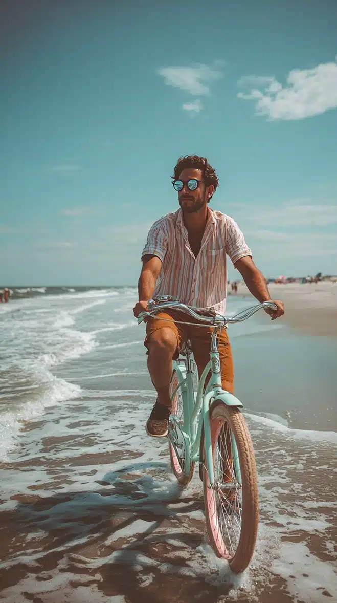 A man wearing sunglasses and a striped shirt rides a bicycle along the shoreline, with ocean waves touching the sand and blue sky overhead.