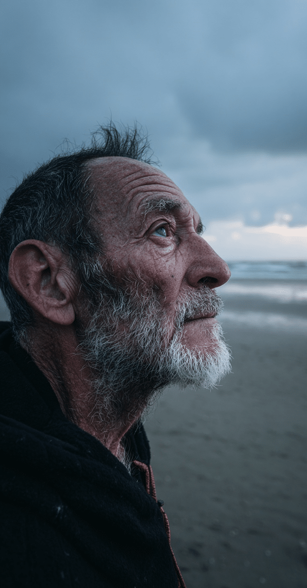An elderly man with a gray beard gazes thoughtfully toward the sky while standing on a beach under a cloudy, moody sky. The ocean and sand are visible in the background.
