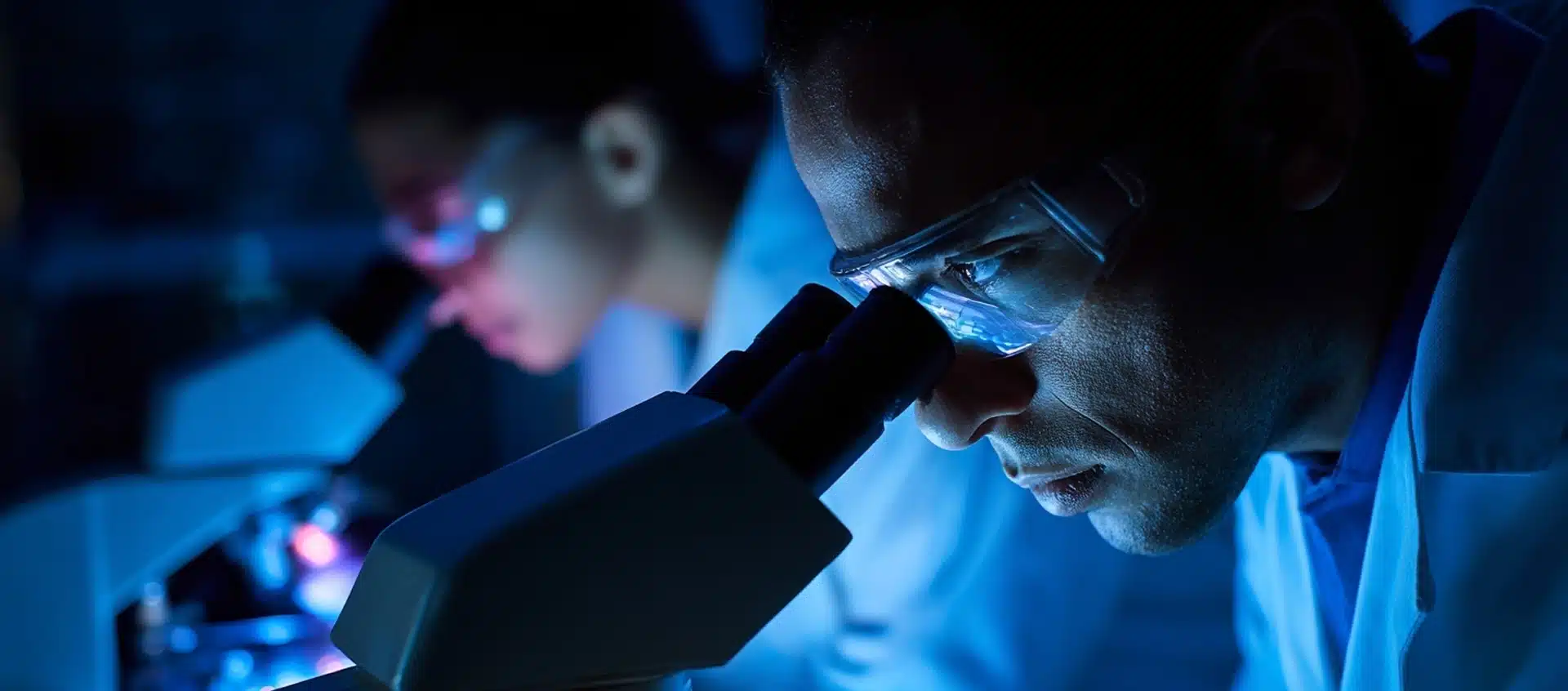 Two scientists wearing safety goggles examine samples through microscopes in a dimly lit laboratory, illuminated by blue light.