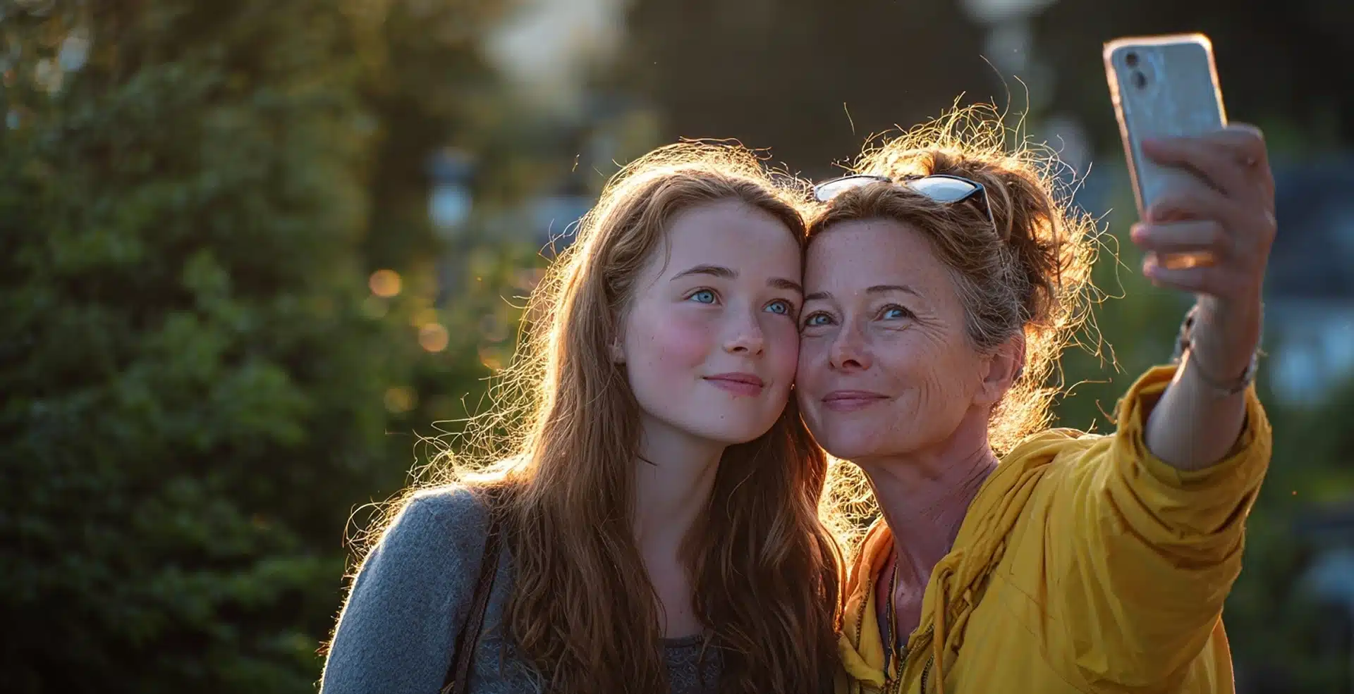 Two women with long hair, one younger and one older, stand close together outdoors, smiling and taking a selfie with a smartphone. The sun is setting, casting a warm glow on their faces.