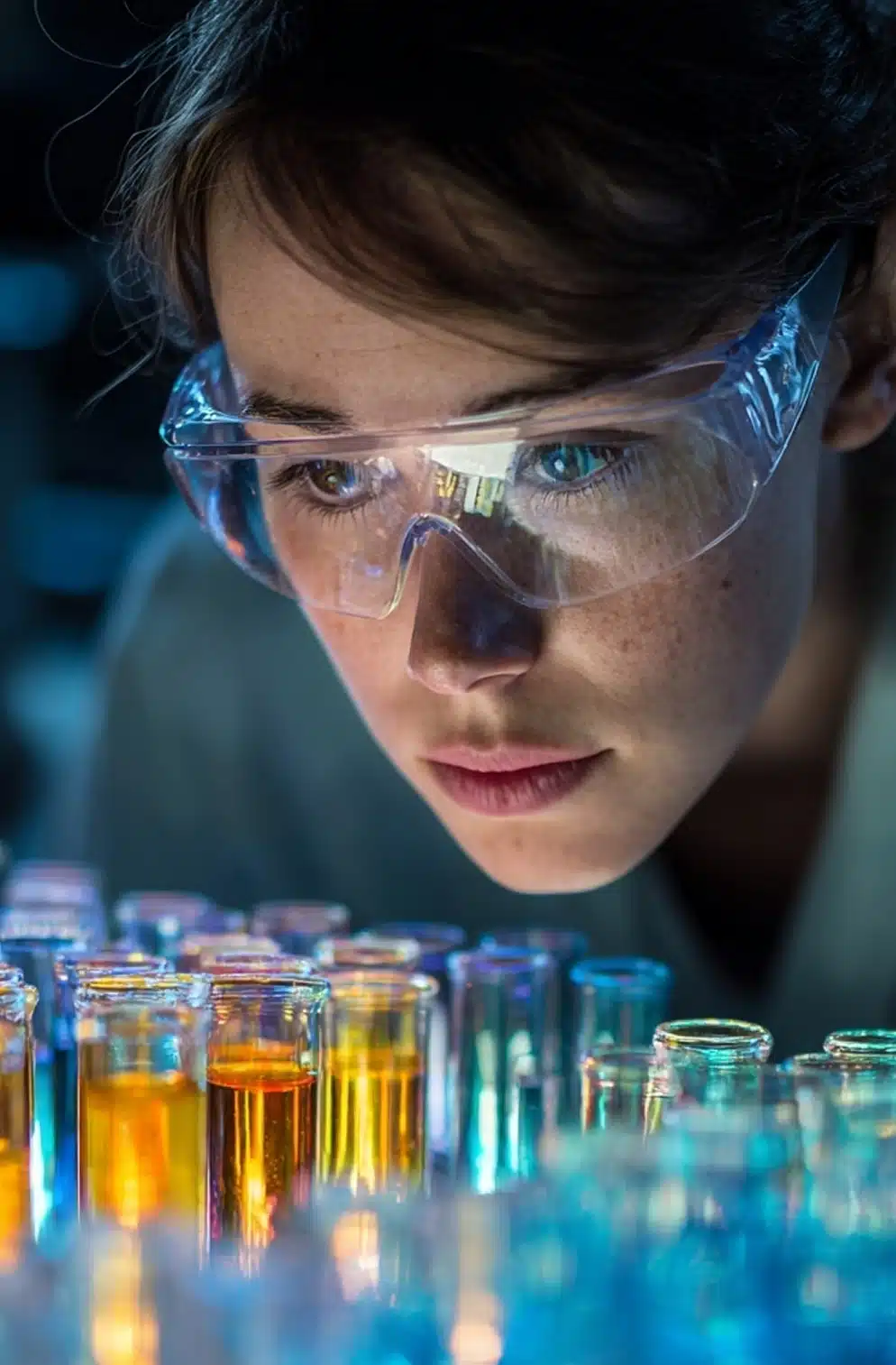 A woman wearing safety goggles closely examines several colorful liquid-filled test tubes in a laboratory setting.