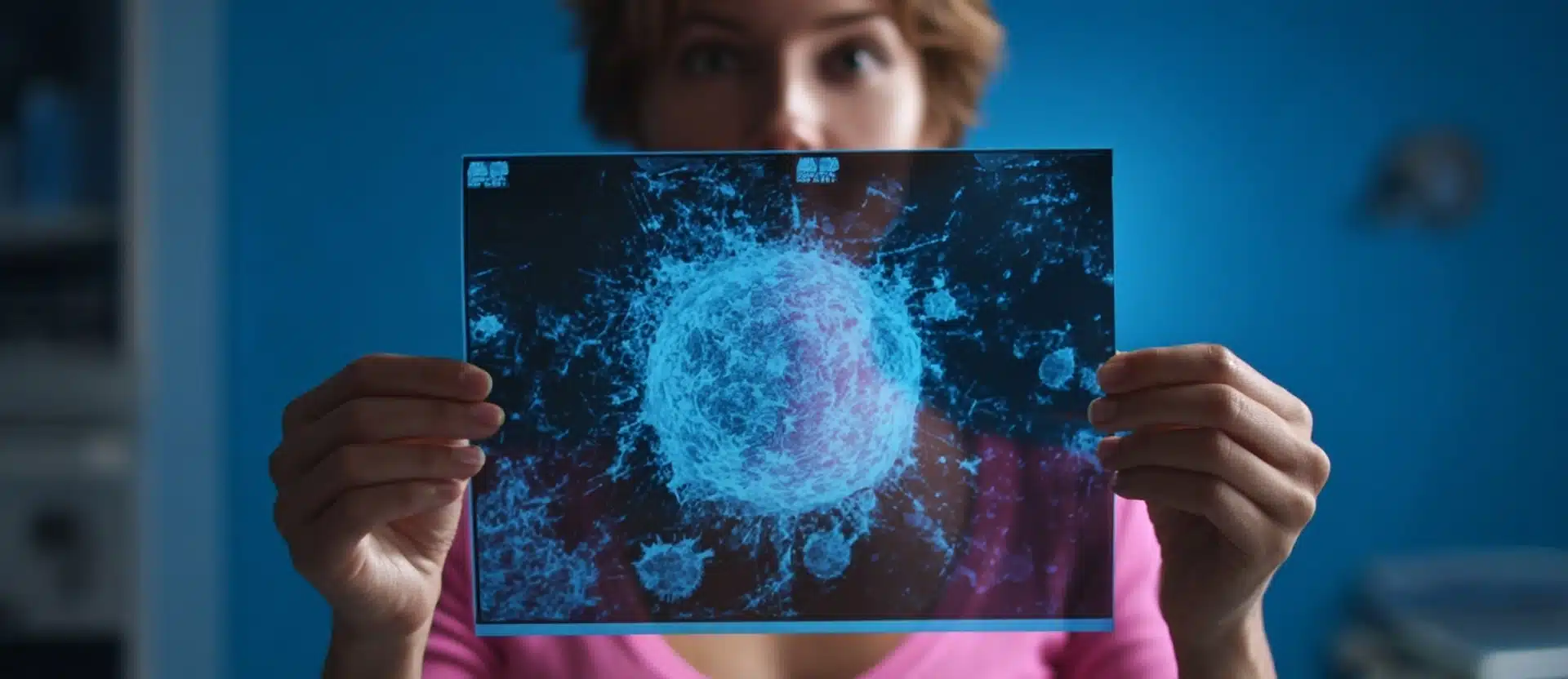 A person in a pink shirt holds up a medical scan showing a large, detailed image of a cell or microscopic organism against a blue background. Their face is out of focus and partially obscured by the scan.