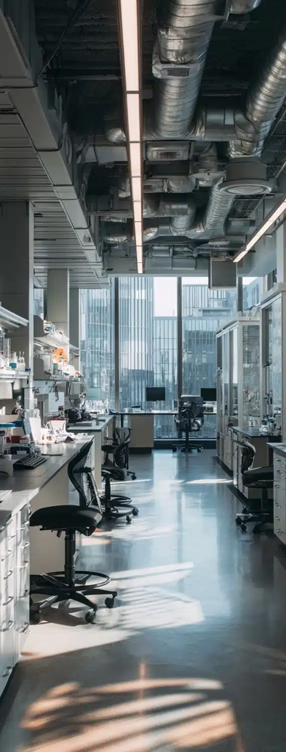 A modern laboratory with benches, lab equipment, and chairs, illuminated by natural light from large windows. Office buildings are visible outside, and exposed pipes run along the ceiling.