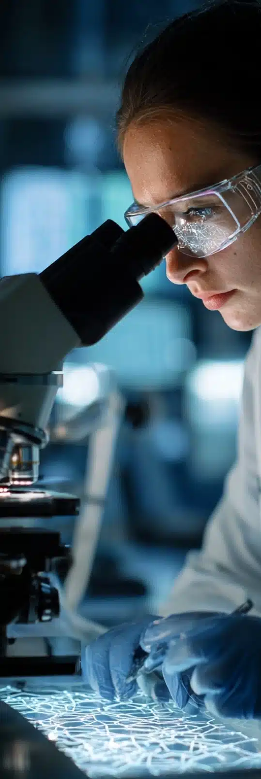 A scientist wearing safety goggles and gloves closely examines samples through a microscope in a laboratory setting.
